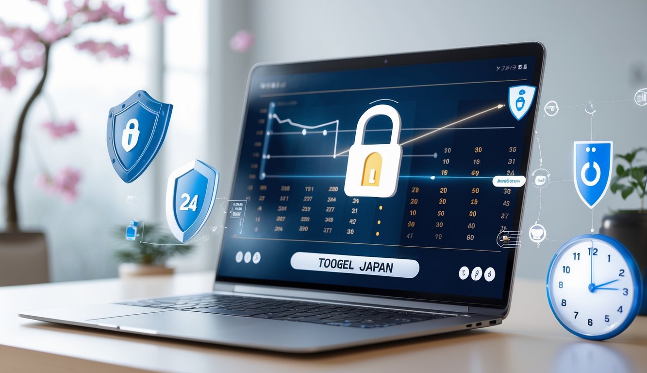 Seorang pengguna di depan komputer dengan tampilan antarmuka lotere Jepang, dikelilingi simbol keamanan dan jam 24 jam dalam ruangan modern yang terang dan rapi.