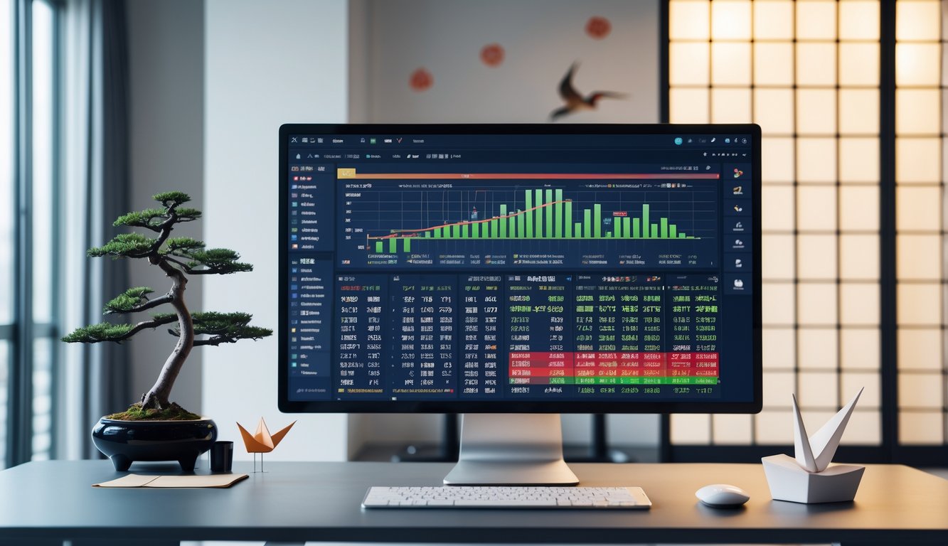 Sebuah ruang kerja modern dengan komputer yang menampilkan data prediksi lotere Jepang, dikelilingi oleh elemen budaya Jepang seperti bonsai dan origami.