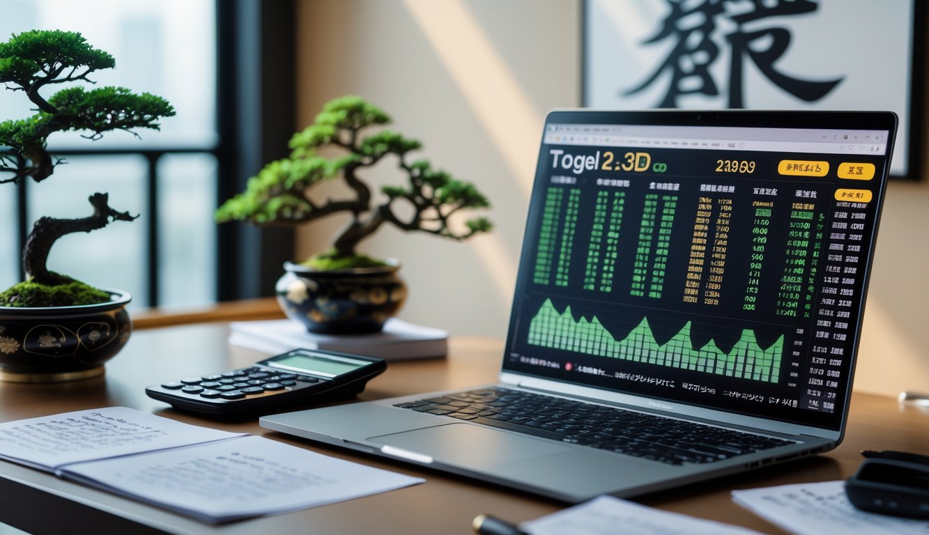 Sebuah ruang kerja modern dengan laptop yang menampilkan data angka dan grafik, dikelilingi alat tulis dan dekorasi bertema Jepang.