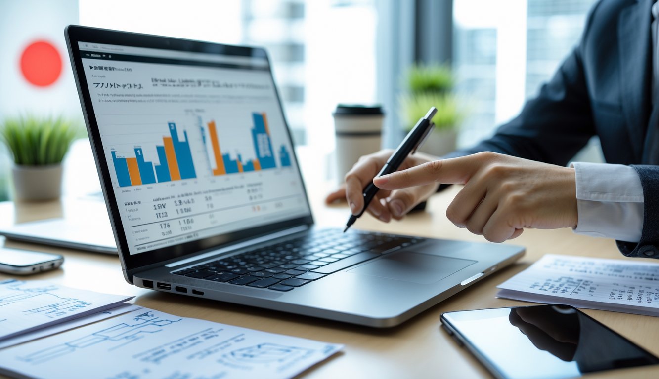 Meja kerja dengan laptop yang menampilkan data dan catatan rumus, tangan seseorang menunjuk ke layar, dengan latar belakang elemen yang mewakili Jepang.