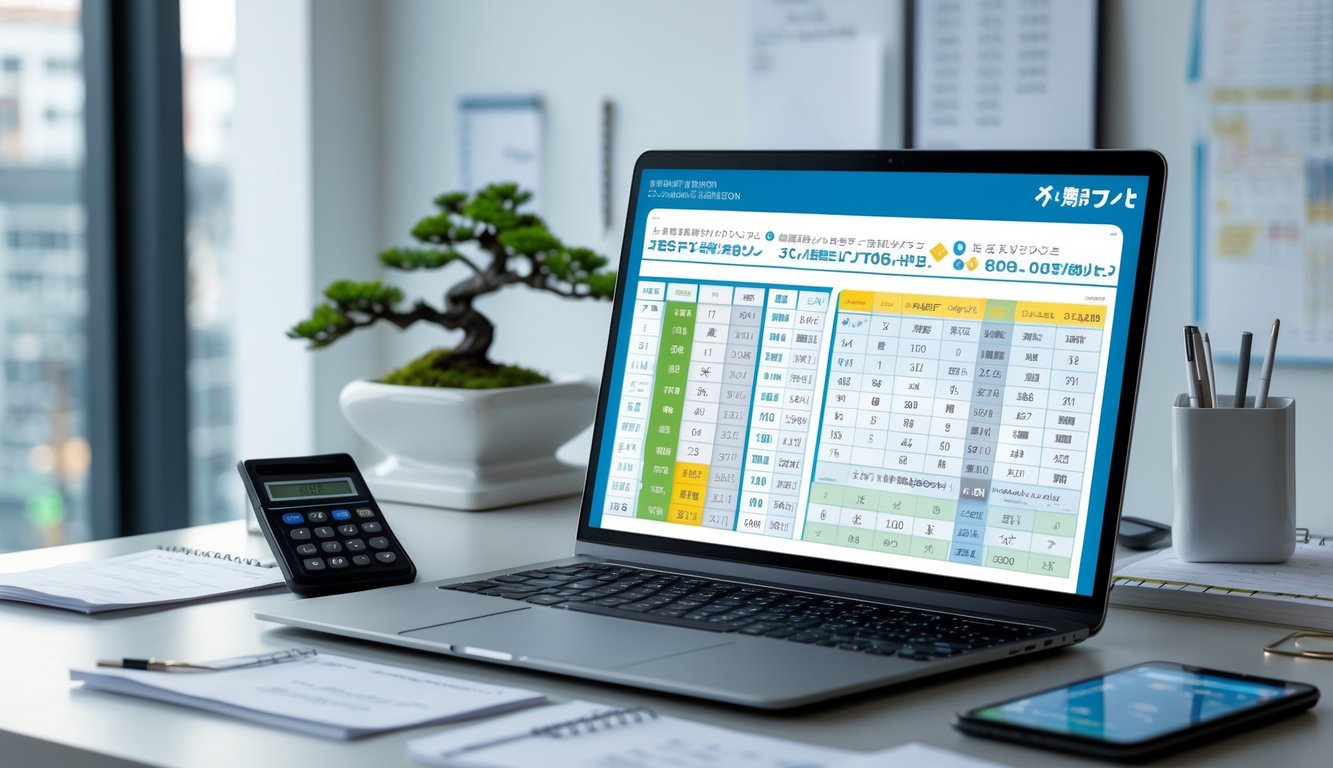 Meja kerja modern dengan laptop, kalkulator, dan catatan yang menunjukkan analisis strategi togel Jepang secara online.