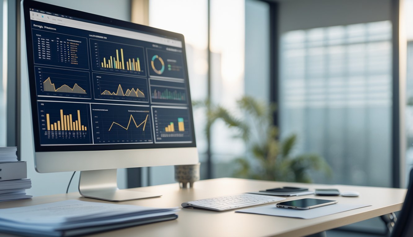 Sebuah ruang kerja modern dengan komputer yang menampilkan grafik data dan dokumen di atas meja.