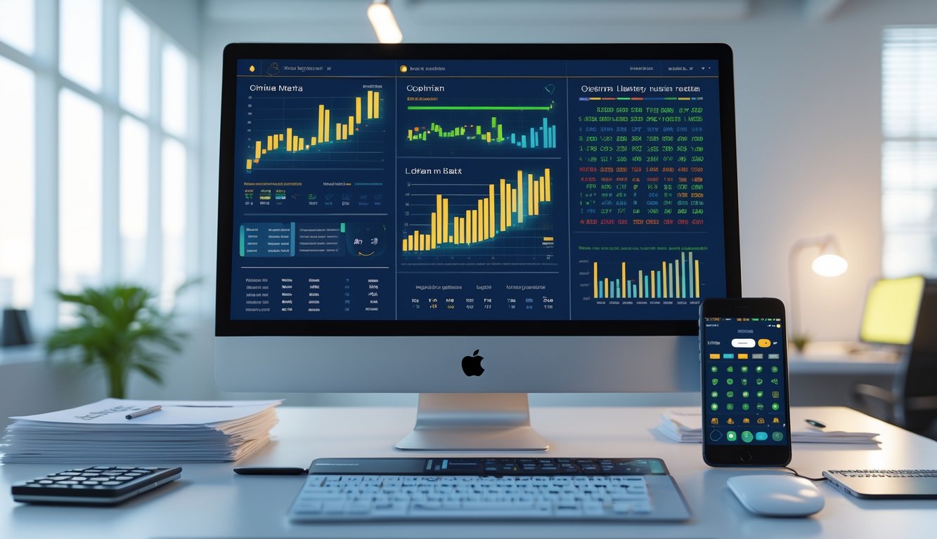 Meja kerja modern dengan komputer menampilkan grafik dan data angka togel, dikelilingi oleh alat tulis dan perangkat elektronik di ruang kantor minimalis.