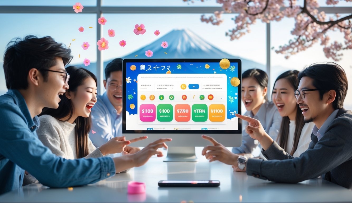 Orang-orang muda menggunakan perangkat digital di ruang kerja cerah dengan latar belakang elemen budaya Jepang seperti bunga sakura dan Gunung Fuji.