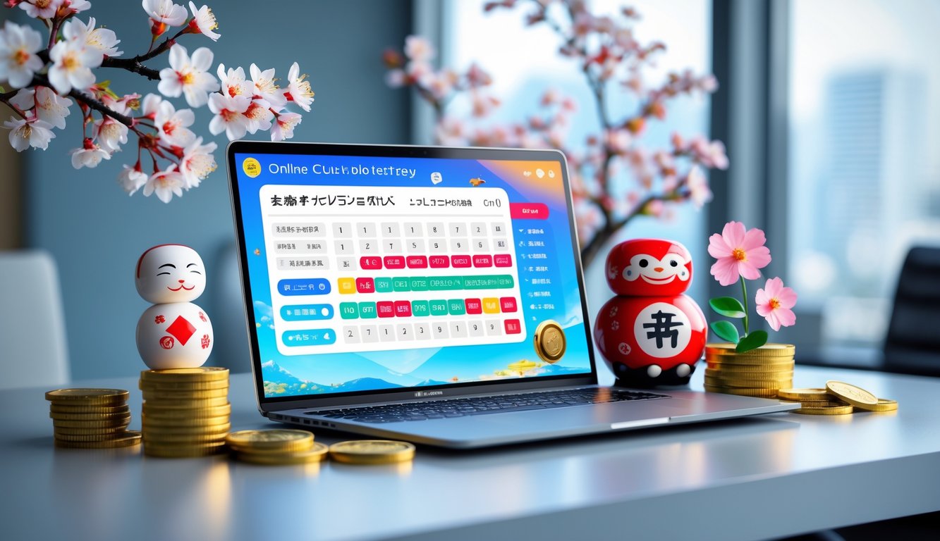 Sebuah laptop di meja kerja modern dengan layar menampilkan antarmuka lotere online, dikelilingi oleh ornamen Jepang seperti bunga sakura dan koin emas.