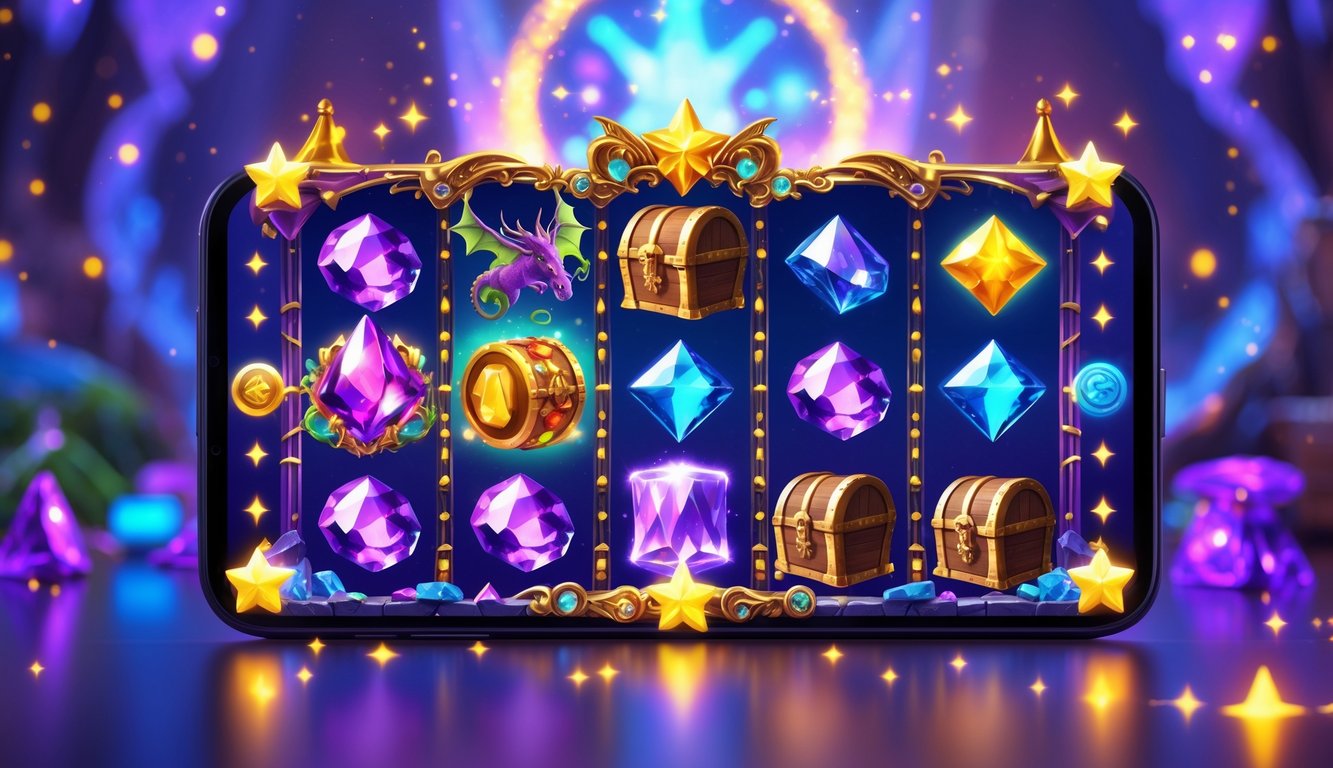 Tampilan layar perangkat digital dengan mesin slot bertema fantasi yang penuh warna dan simbol magis seperti naga, peri, dan harta karun, dengan latar belakang bercahaya yang memancarkan suasana petualangan.