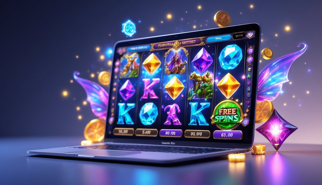 Seseorang sedang bermain permainan slot fantasi online di komputer dengan latar belakang bertema magis dan warna-warni.