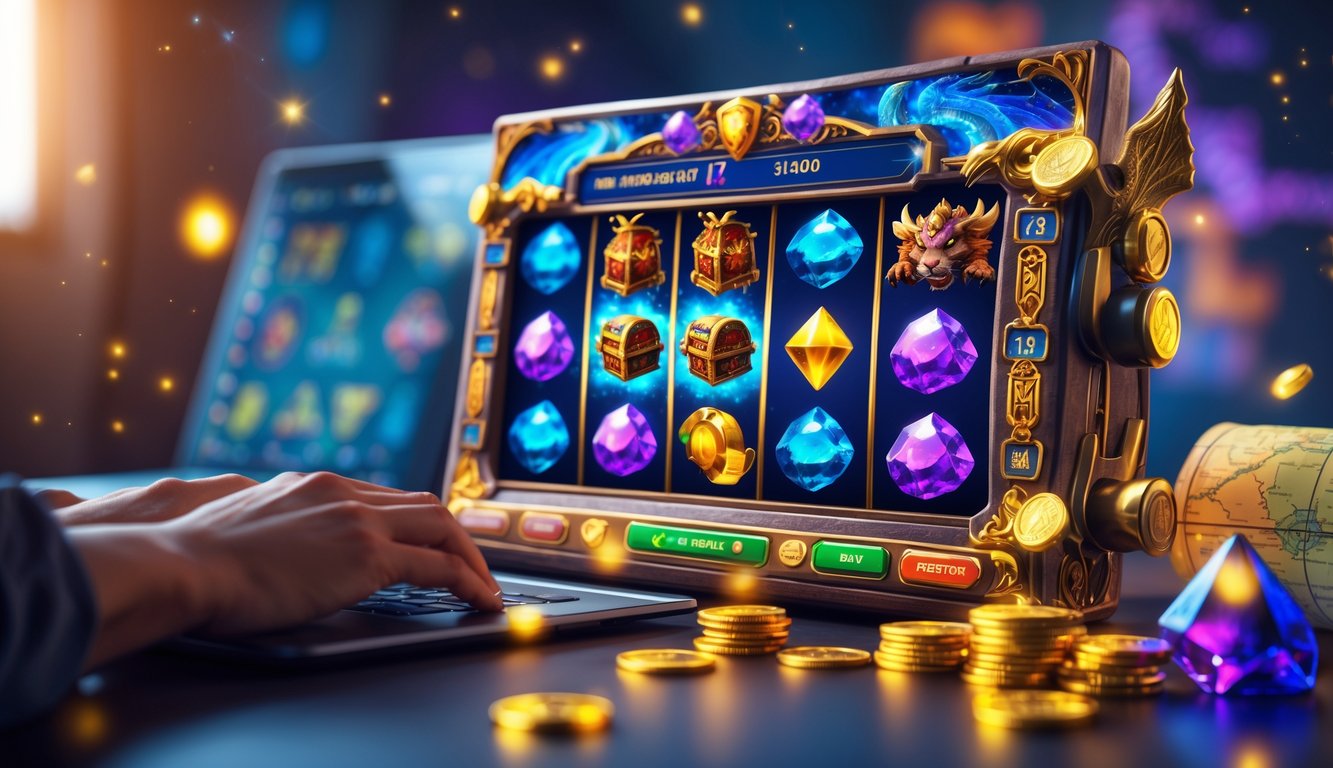 Mesin slot online dengan simbol fantasi dan peta harta karun, dikelilingi koin emas dan efek cahaya magis.