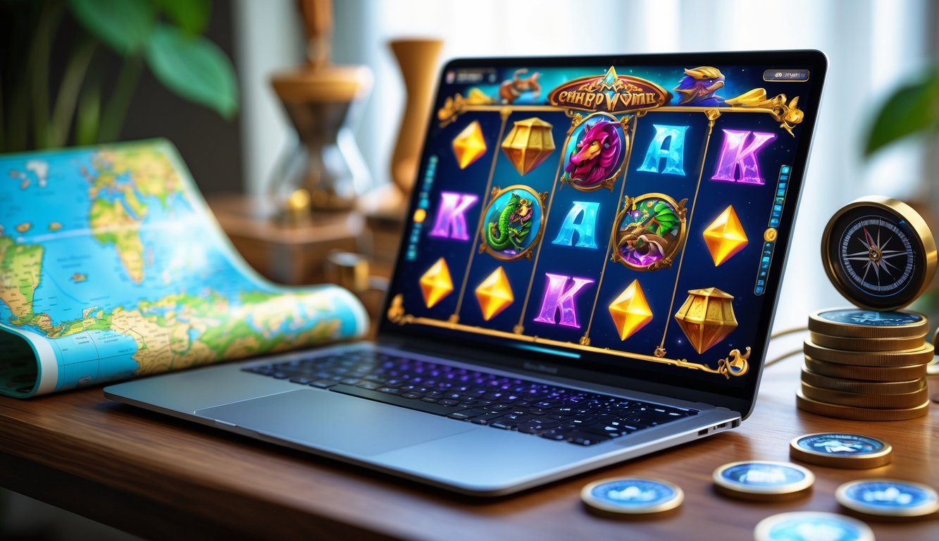 Seorang pemain sedang menggunakan komputer dengan layar menampilkan permainan slot fantasi penuh warna dengan elemen petualangan seperti harta karun dan makhluk ajaib di meja kayu.