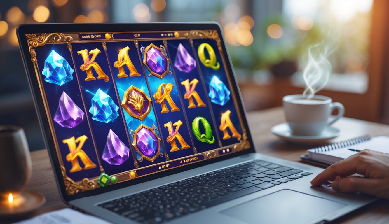 Seorang pengguna sedang bermain permainan slot fantasi online di depan komputer dengan simbol naga dan kristal ajaib di layar.