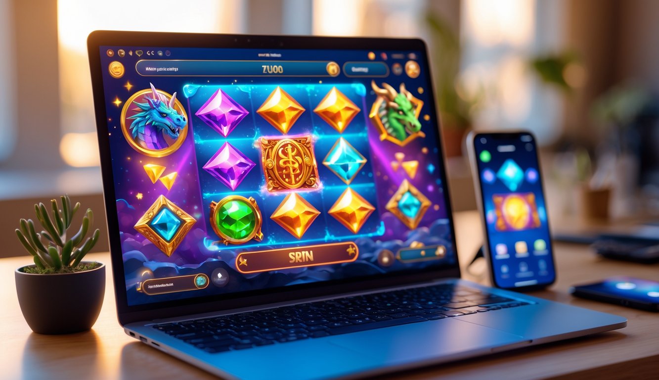 Seseorang menggunakan komputer dengan layar menampilkan permainan slot fantasi online yang penuh warna dan bertema mitos.