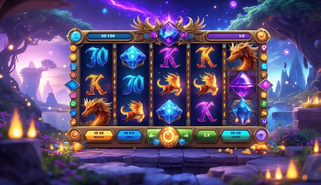 Layar permainan slot online dengan tema mitologi dan dunia fantasi, menampilkan simbol makhluk mitos dan latar belakang lanskap fantasi yang magis.