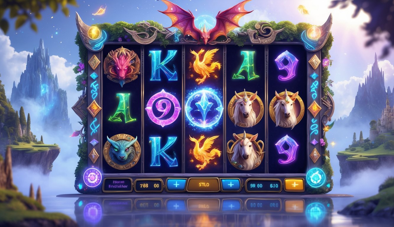 Mesin slot fantasi dengan simbol makhluk mitologi dan elemen dunia fantasi di latar belakang yang magis.
