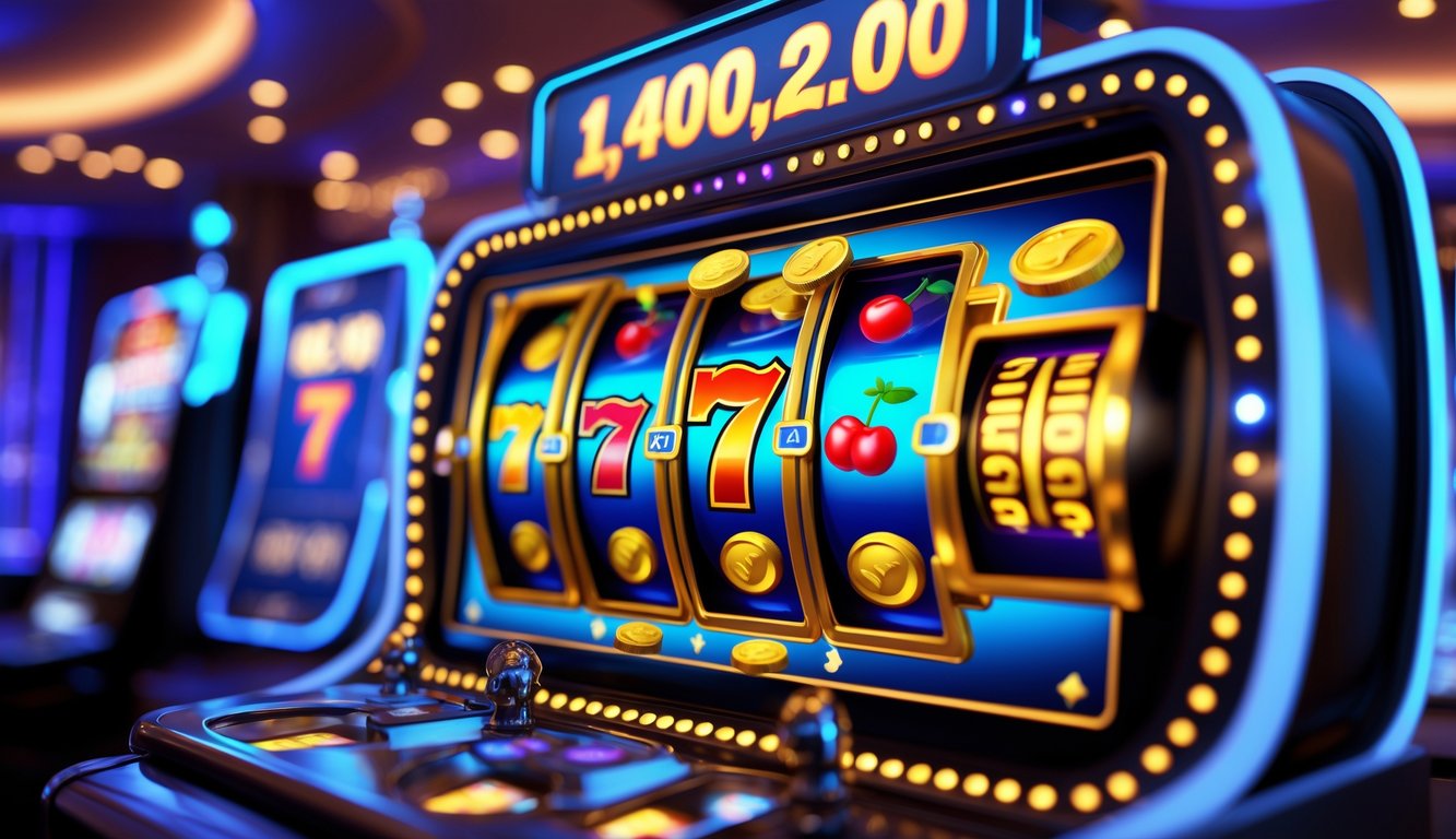 Antarmuka permainan mesin slot online dengan gulungan berwarna-warni dan meter jackpot progresif yang besar.