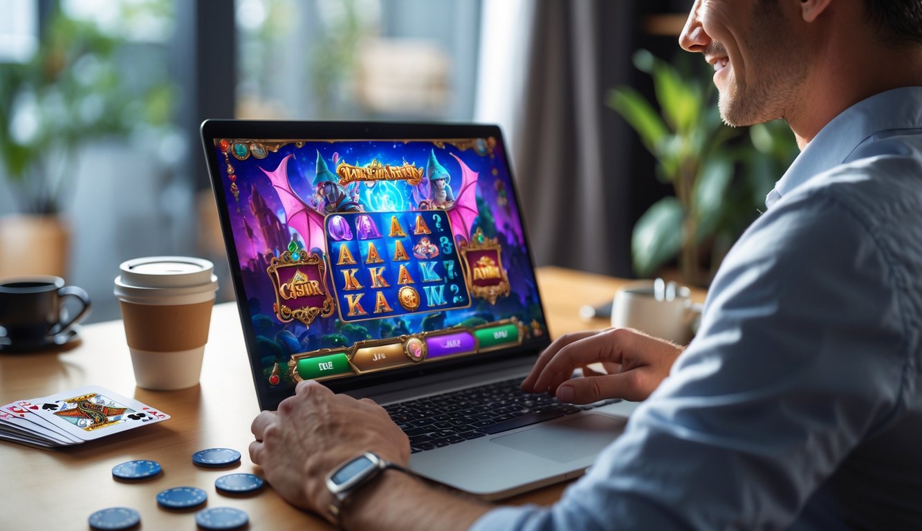 Seseorang sedang menggunakan laptop di rumah, bermain permainan slot fantasi online dengan latar belakang dekorasi kasino.