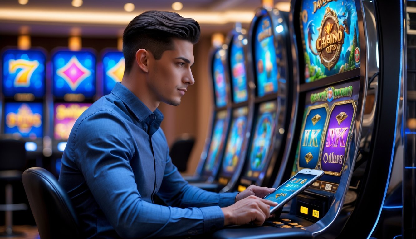 Seorang pria muda duduk di mesin slot di kasino modern, fokus bermain permainan slot online bertema fantasi.