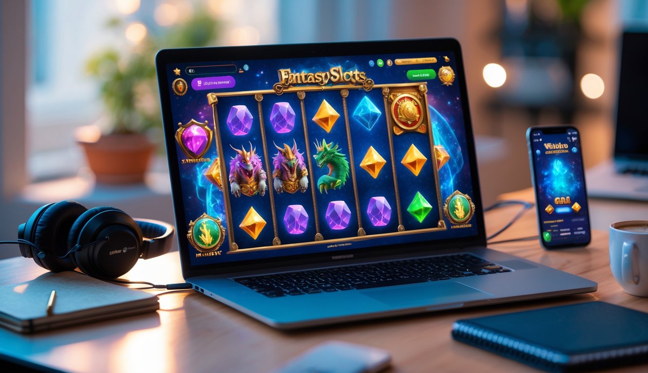 Layar laptop menampilkan permainan mesin slot bertema fantasi dengan makhluk mitos dan permata berwarna-warni di sebuah ruangan yang nyaman.