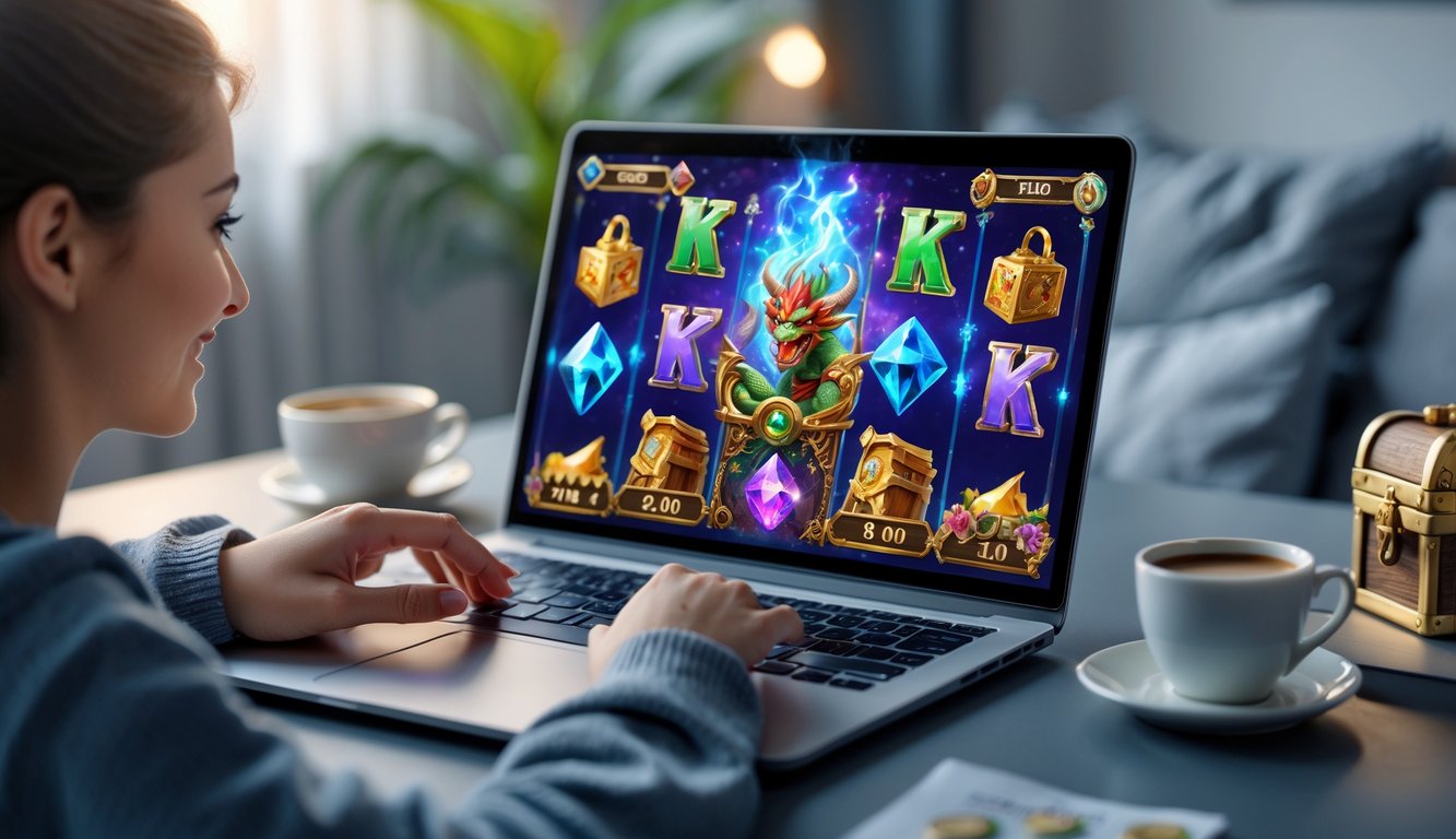Seseorang sedang bermain permainan slot fantasi online di laptop di ruangan yang nyaman.