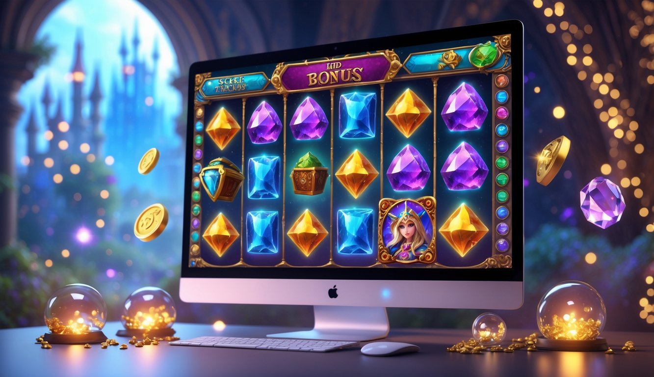 Layar komputer menampilkan permainan slot online bertema fantasi dengan simbol ajaib dan efek cahaya yang menggambarkan fitur bonus rahasia dan putaran misteri.