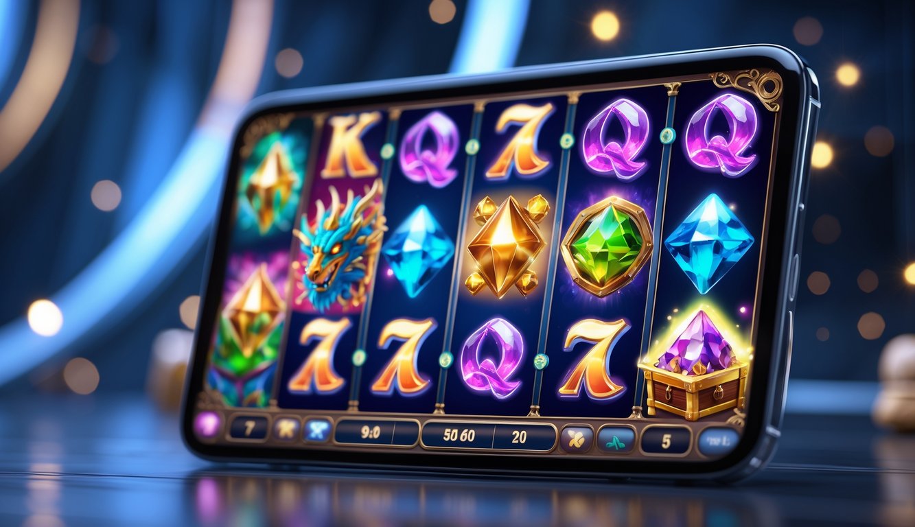 Layar perangkat digital menampilkan mesin slot bertema fantasi dengan simbol naga, permata ajaib, penyihir, dan peti harta karun, menonjolkan fitur bonus rahasia dan putaran misteri.