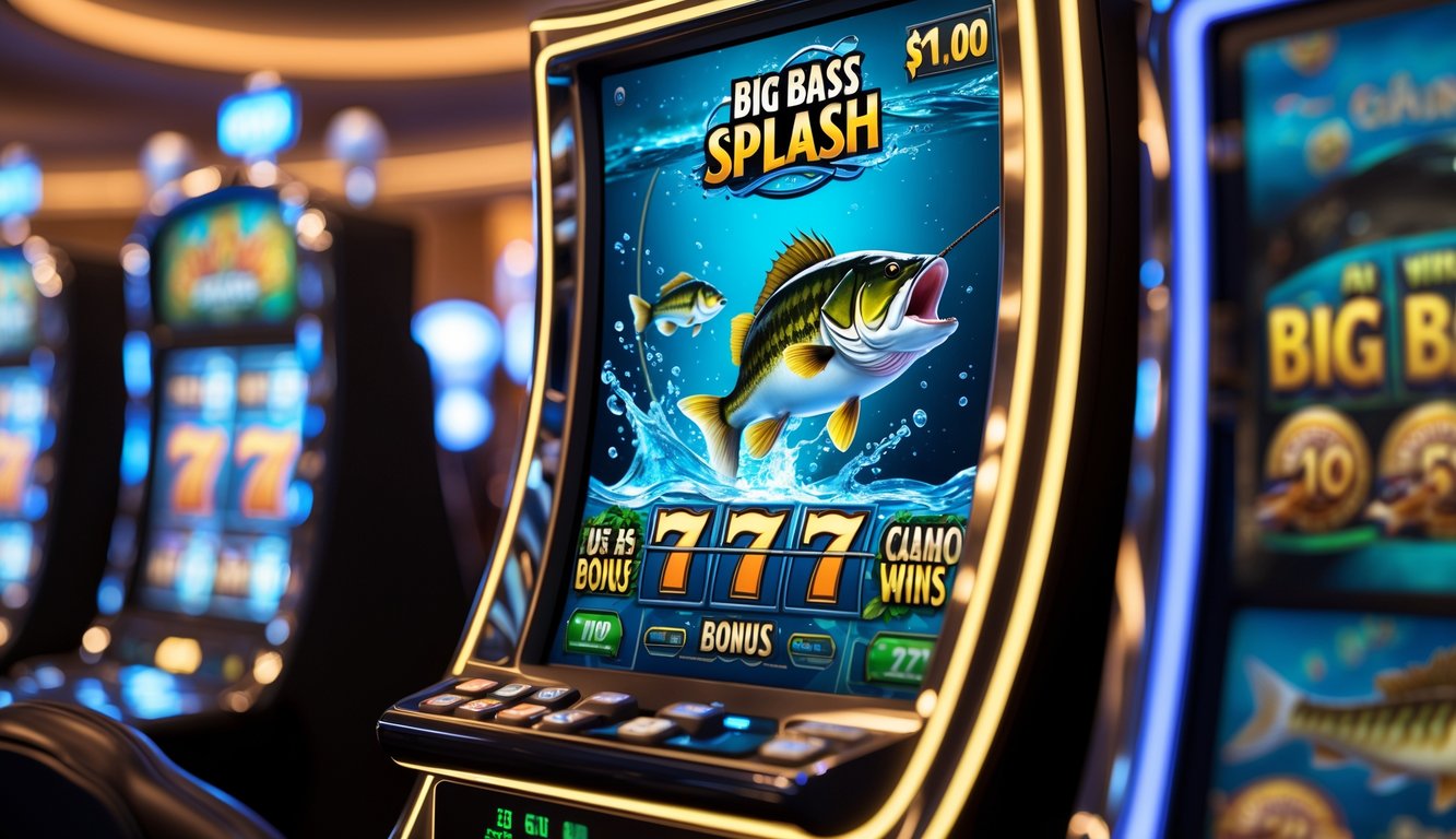 Mesin slot modern dengan tema memancing, menampilkan ikan bass besar dan air yang memercik, di dalam suasana kasino.
