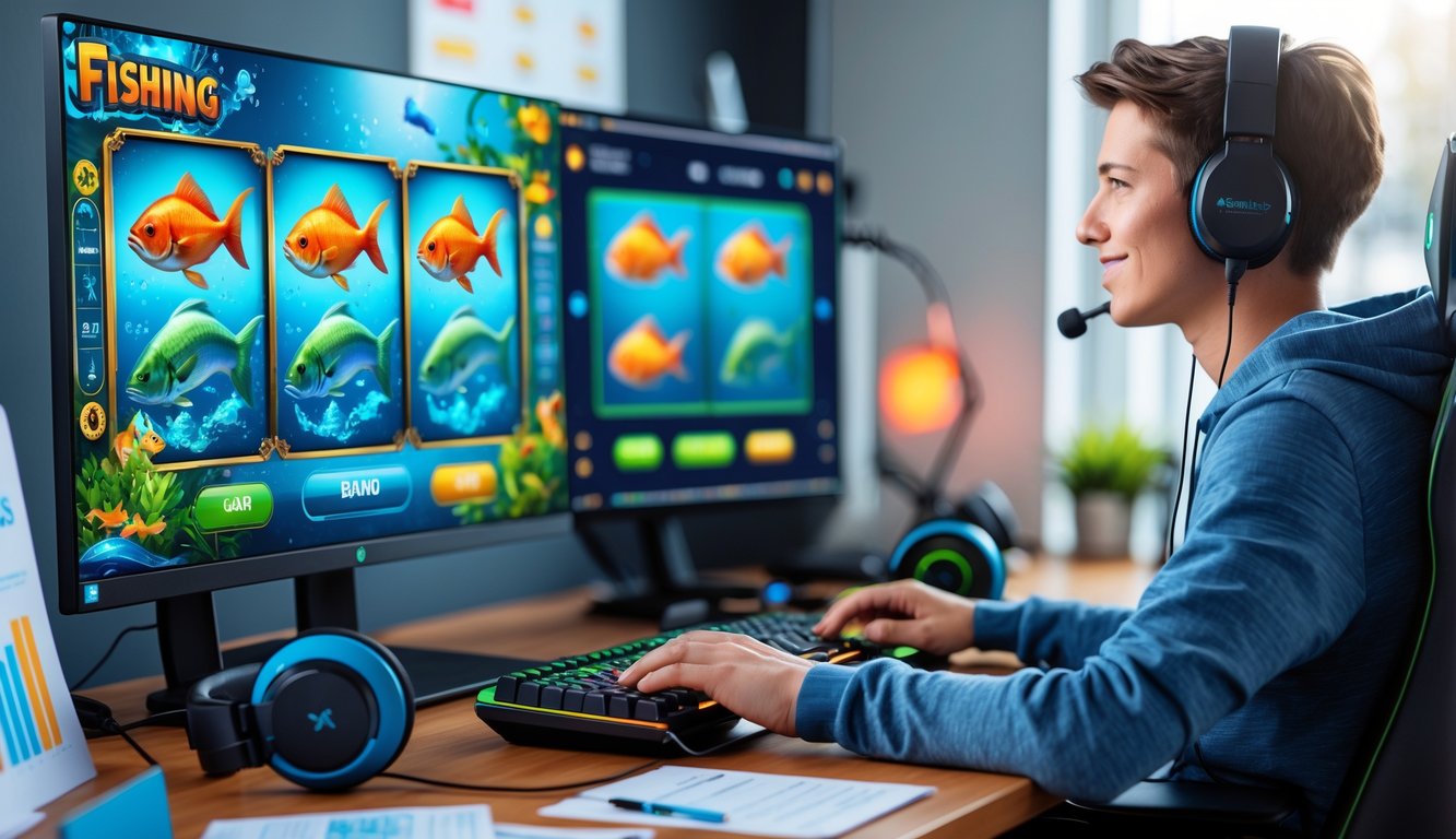Seseorang sedang fokus bermain permainan slot bertema memancing di depan komputer dengan tampilan layar penuh warna dan suasana kerja yang rapi.