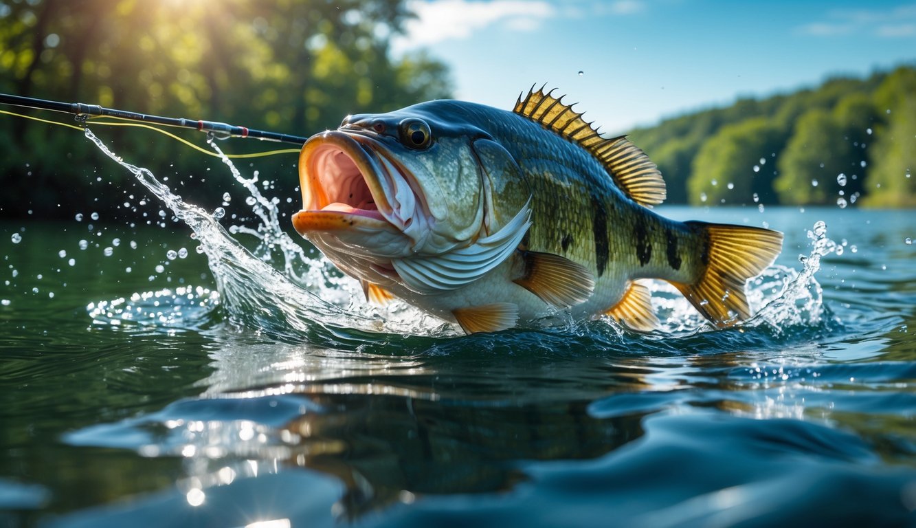 Seekor ikan bass besar sedang melompat dan menyemburkan air di permukaan danau yang jernih dengan latar belakang pepohonan hijau dan langit biru.