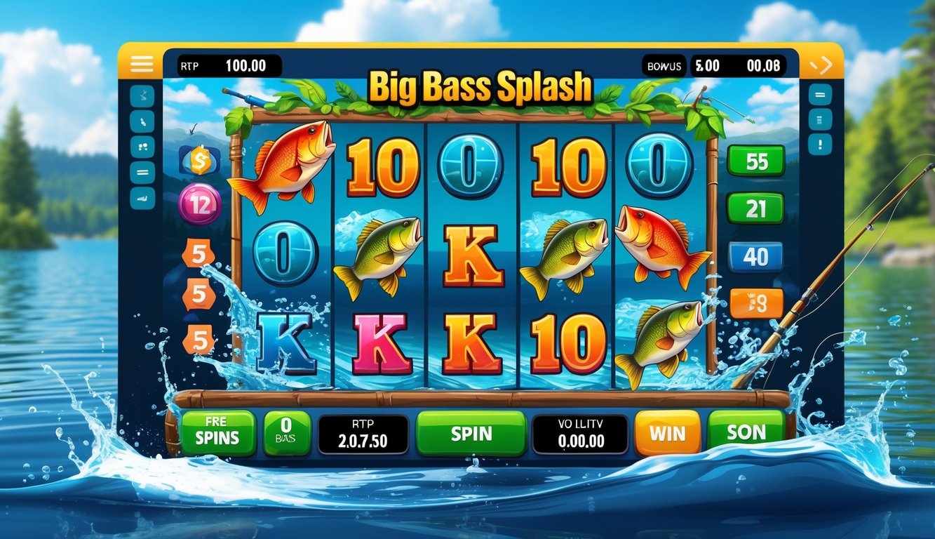 Tampilan mesin slot bertema memancing dengan ikan bass besar, latar danau dan pepohonan hijau di belakangnya.