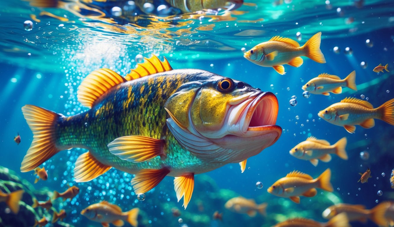Pemandangan bawah air dengan ikan bass besar berwarna cerah dikelilingi oleh ikan-ikan kecil dan gelembung air.