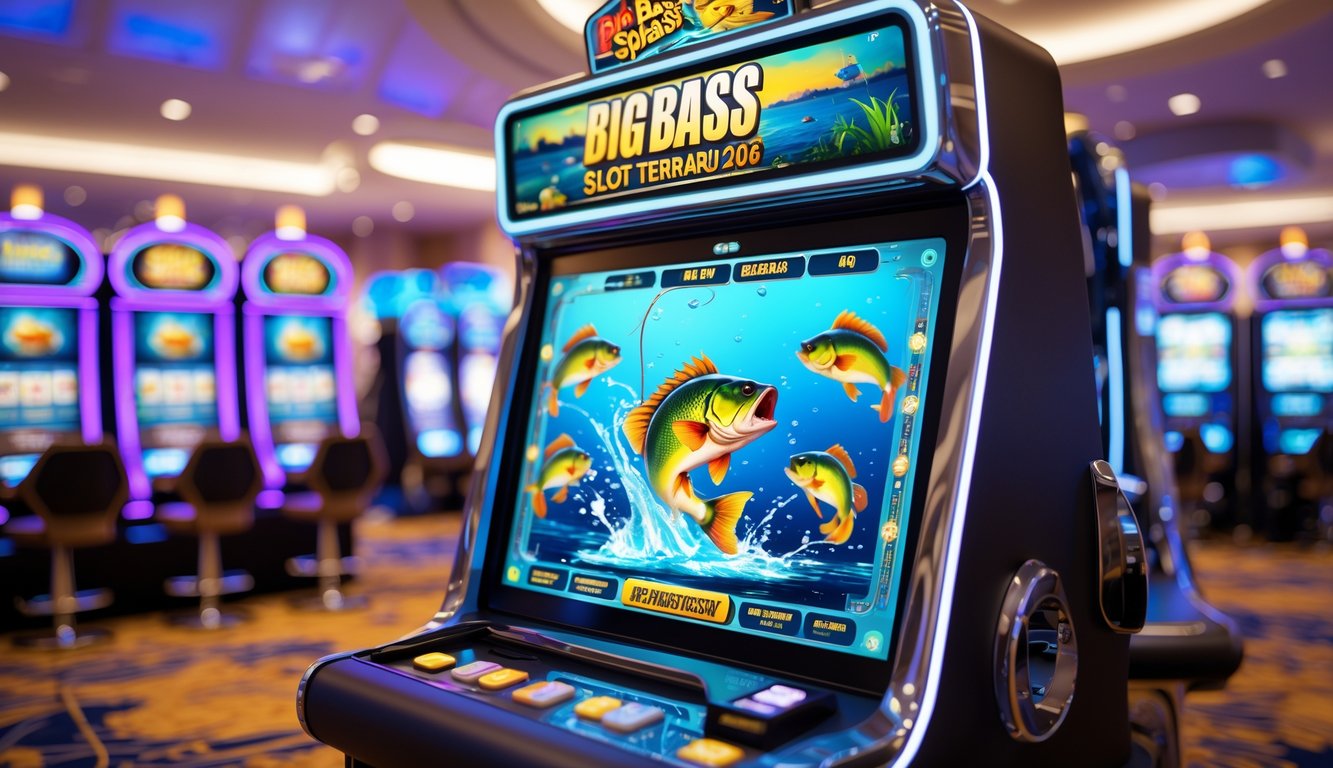 Mesin slot modern dengan tema ikan bass besar yang sedang menyembur air di latar kasino.