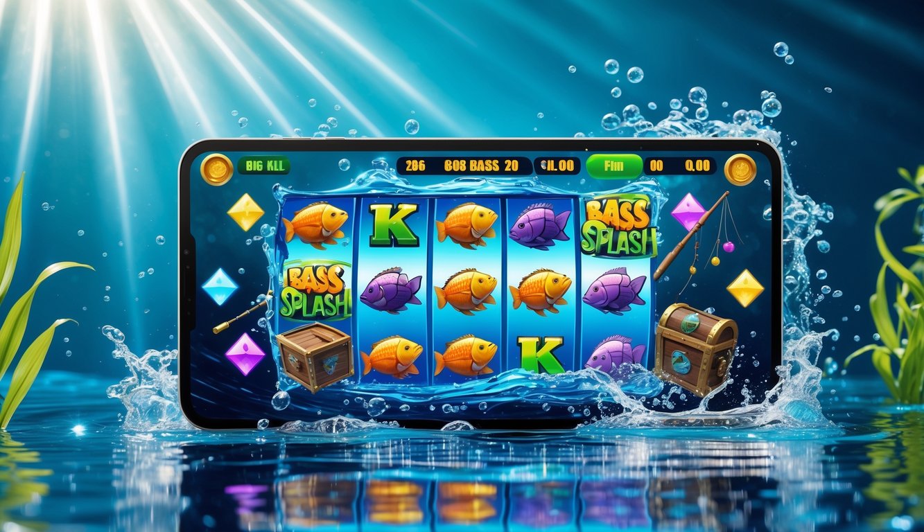 Tampilan layar mesin slot digital dengan tema memancing, menampilkan ikan bass besar dan latar bawah air yang cerah.