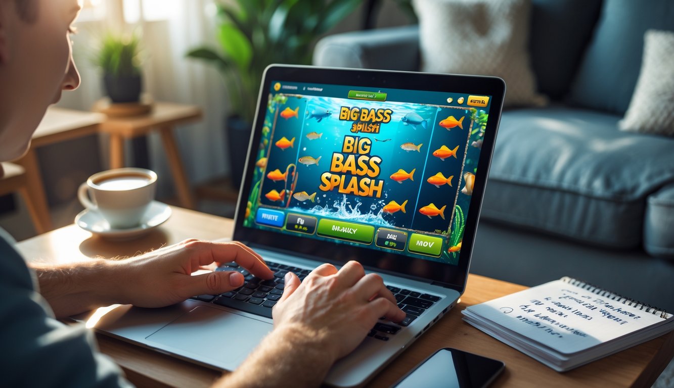 Seseorang sedang bermain permainan slot Big Bass Splash di laptop di ruang tamu yang nyaman dengan secangkir kopi dan buku catatan di dekatnya.