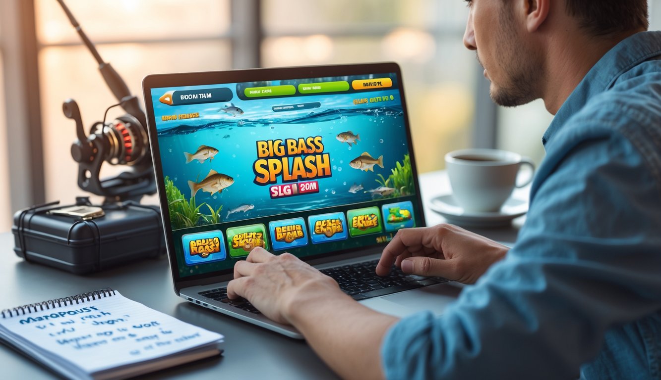 Seseorang duduk di meja dengan laptop yang menampilkan permainan slot bertema memancing, dikelilingi alat pancing dan catatan strategi.
