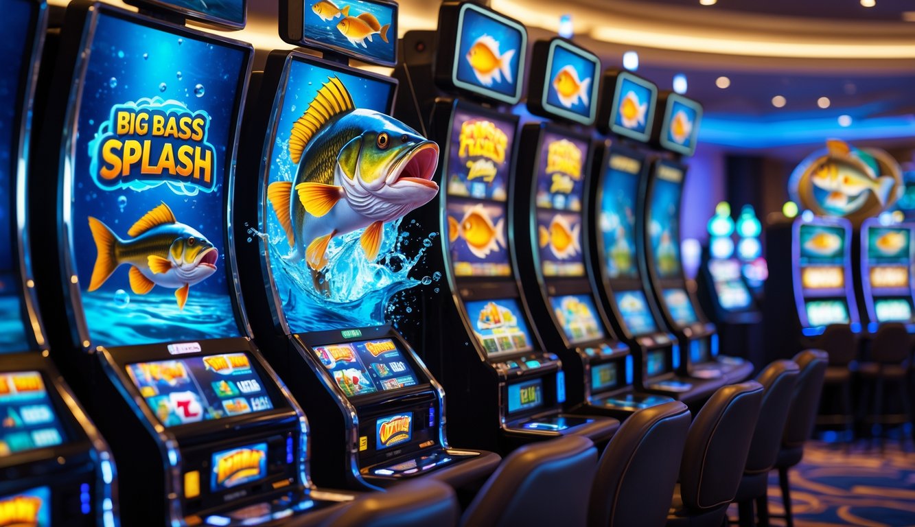 Beberapa mesin slot bertema memancing di dalam kasino dengan gambar ikan bass besar dan berbagai ikan lainnya, menampilkan suasana permainan yang menarik.