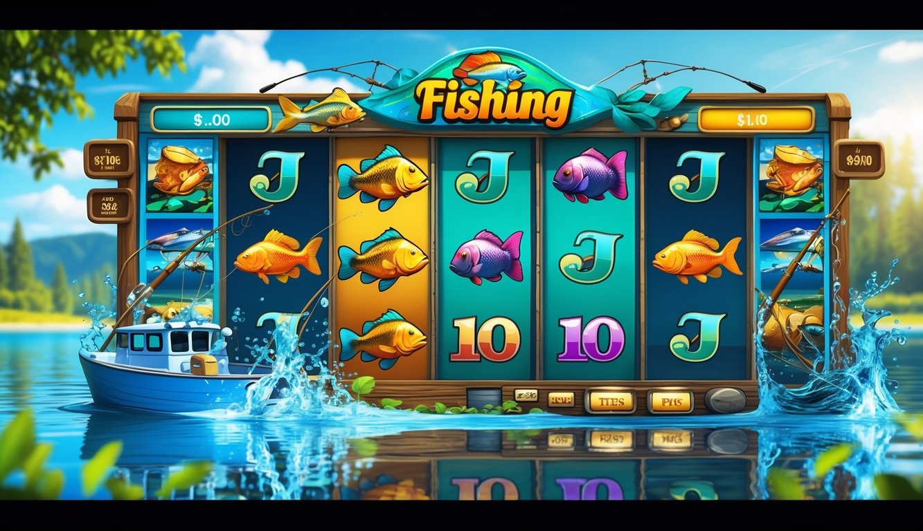 Dua mesin slot bertema memancing dengan ikan bass besar dan latar danau cerah di siang hari.