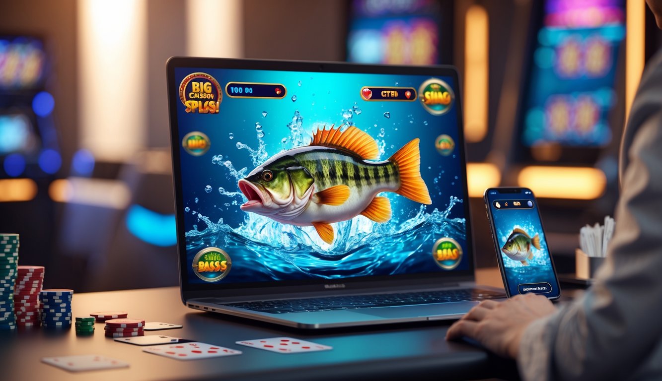 Tampilan mesin slot bertema ikan bass besar dengan cipratan air di layar komputer di meja dengan chip kasino dan kartu remi.