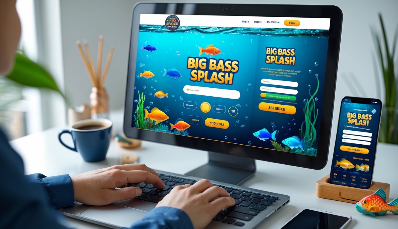 Seseorang sedang mendaftar akun di situs casino online dengan tema permainan slot Big Bass Splash, menggunakan laptop di meja kerja yang rapi.