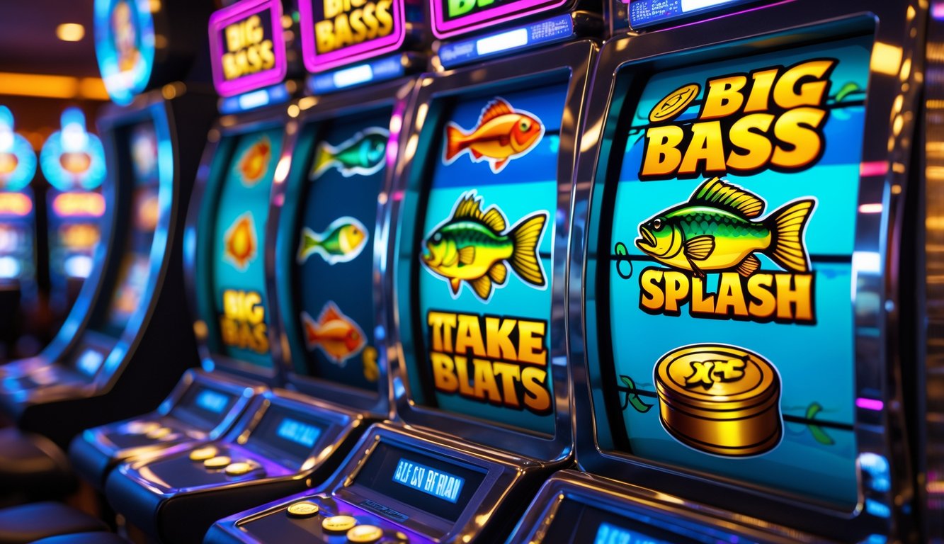 Simbol-simbol utama dari permainan slot Big Bass Splash yang menampilkan ikan bass besar, alat pancing, dan koin emas pada gulungan mesin slot di latar kasino.