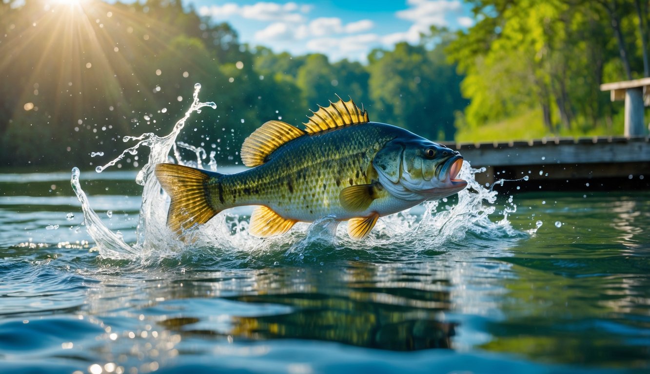 Ikan bass besar memercikkan air di danau dekat dermaga kayu dengan latar belakang pepohonan hijau dan langit biru cerah.