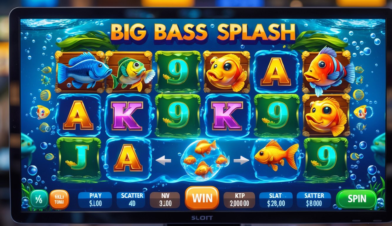 Layar mesin slot digital menampilkan tabel bayaran dan simbol bertema ikan dengan latar belakang air dan gelembung.