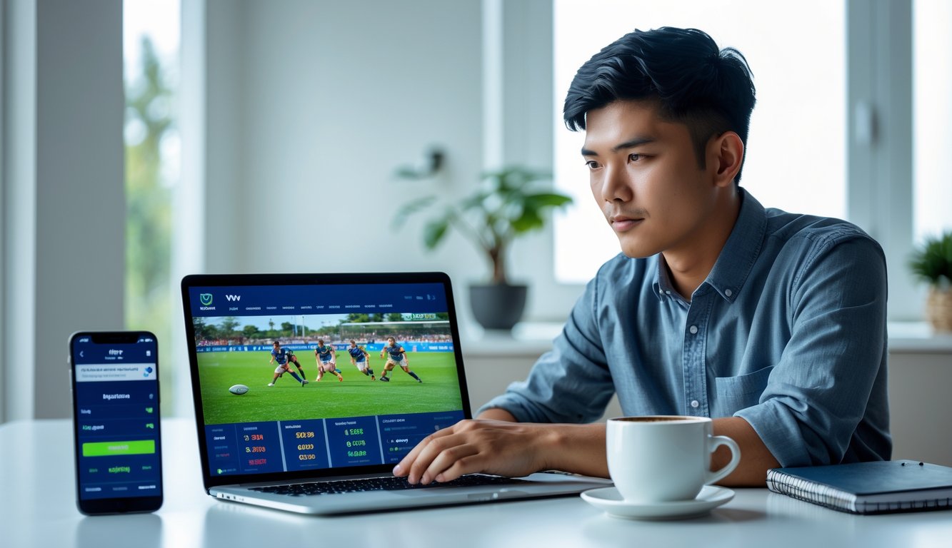 Seorang pria muda Indonesia duduk di meja dengan laptop yang menampilkan pertandingan rugby, terlihat fokus dan serius dalam suasana ruang kerja yang rapi.