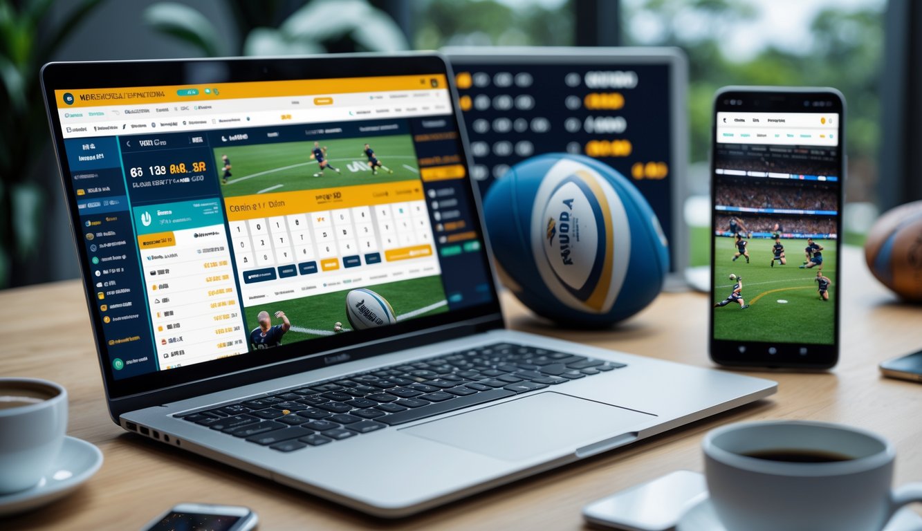 Sebuah ruang kerja dengan laptop dan ponsel yang menampilkan situs taruhan rugby online dan pertandingan rugby yang sedang berlangsung.