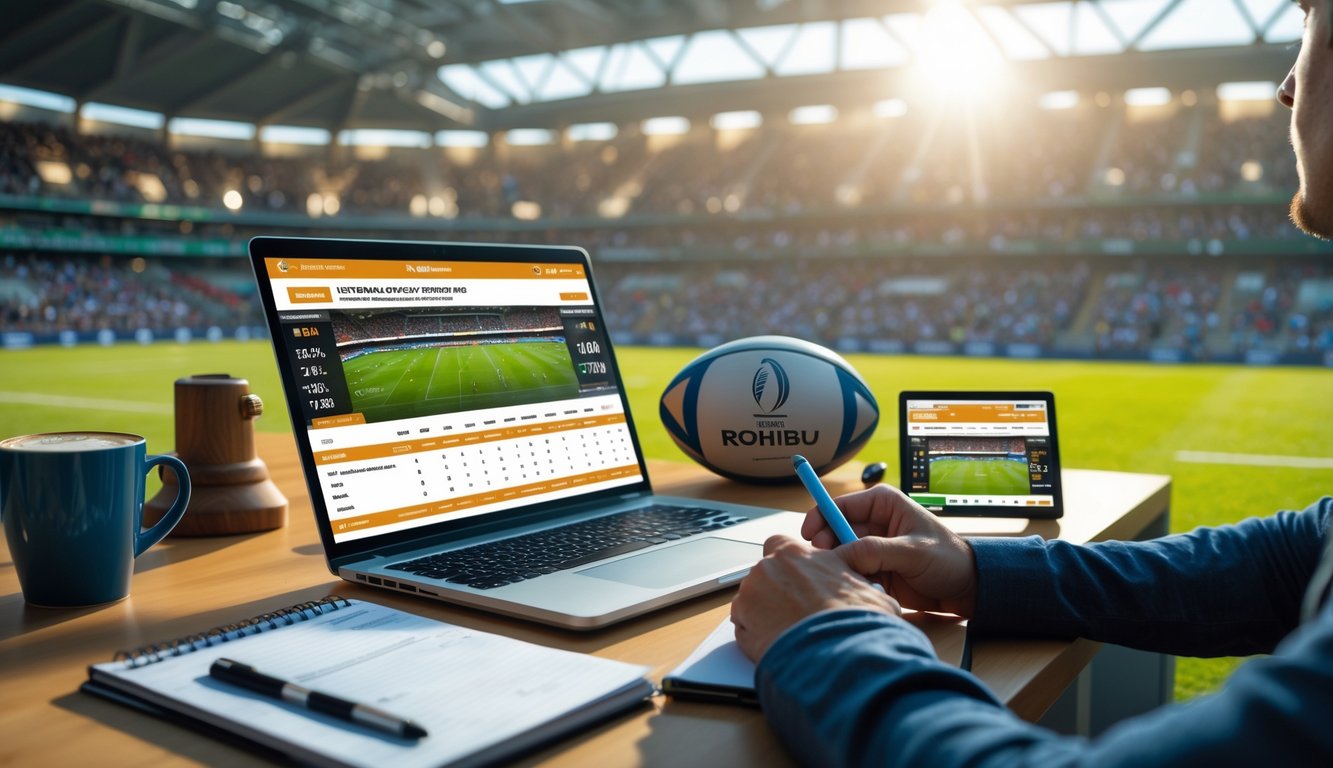 Seorang pria sedang menganalisis data taruhan rugby di depan laptop dengan latar belakang stadion rugby internasional yang penuh penonton.