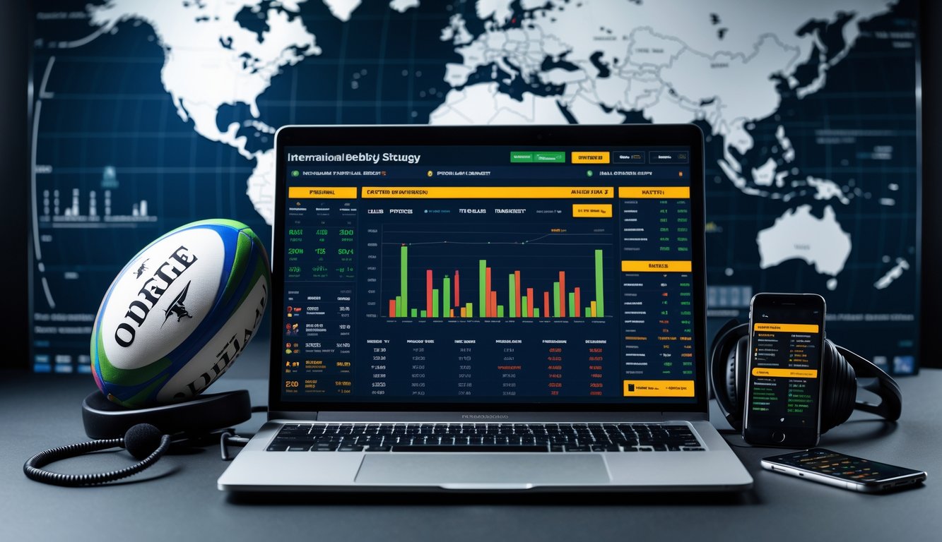 Meja kerja dengan laptop yang menampilkan statistik pertandingan rugby, bola rugby, dan ponsel dengan pembaruan pertandingan langsung.