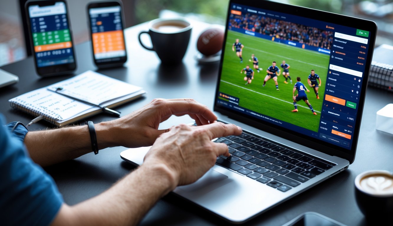 Seseorang menggunakan laptop untuk melihat pertandingan rugby online di meja kerja dengan smartphone dan catatan di sekitarnya.