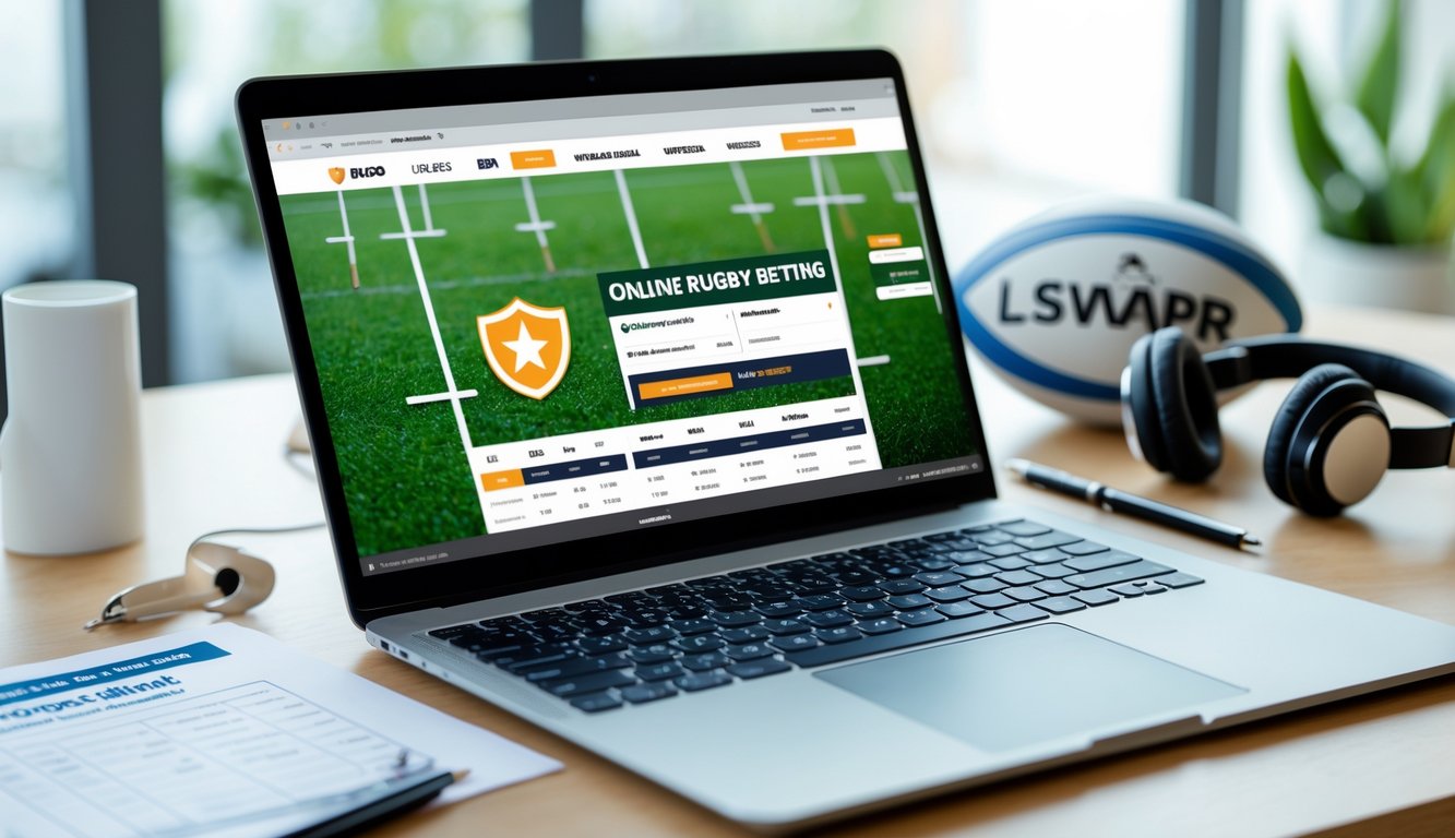 Meja kerja dengan laptop yang menampilkan situs taruhan rugby online, bola rugby, dan alat tulis di sekitarnya.
