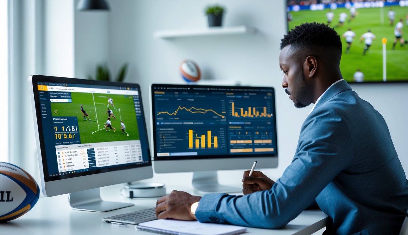 Seorang individu sedang menganalisis statistik tim rugby di depan komputer di ruang kerja modern.