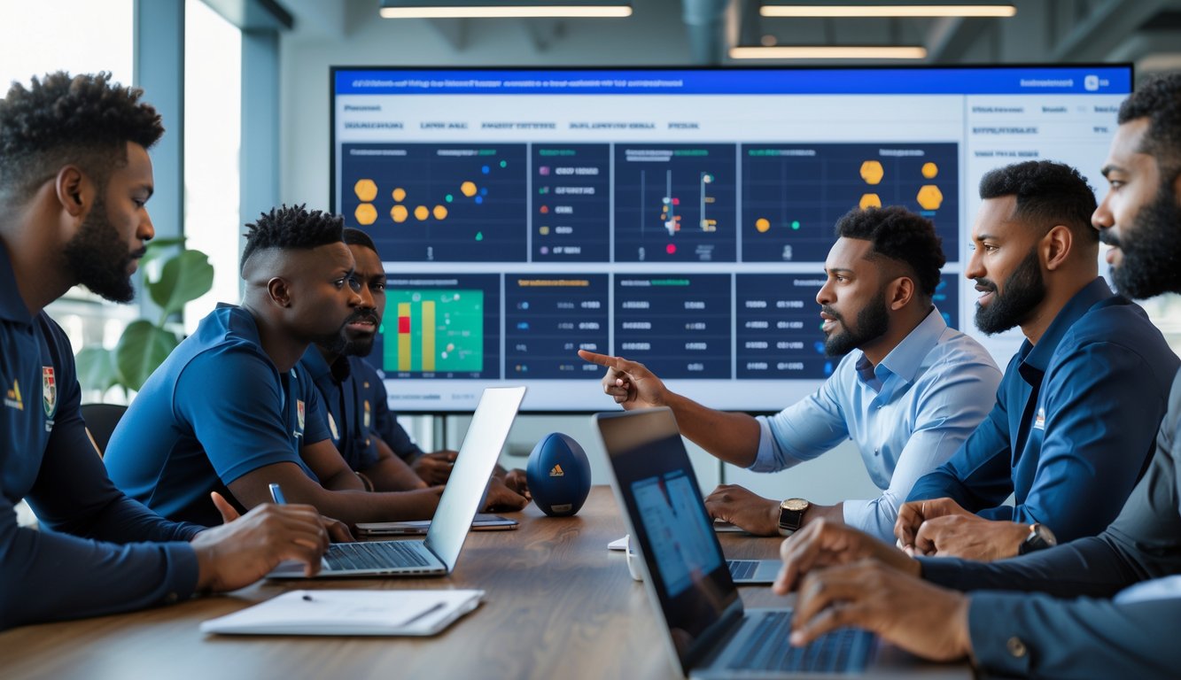 Sekelompok analis rugby sedang mempelajari statistik tim di ruang kantor dengan layar digital besar yang menampilkan grafik dan data.