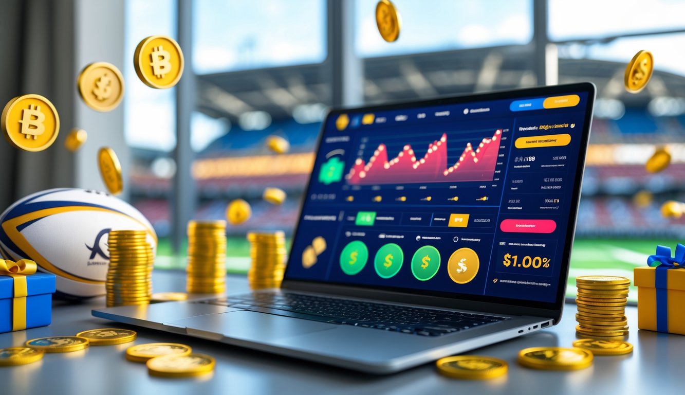 Seorang pria menggunakan laptop dengan tampilan situs taruhan rugby online, dikelilingi oleh simbol bonus dan promosi seperti koin dan kotak hadiah, dengan bola rugby dan stadion di latar belakang.