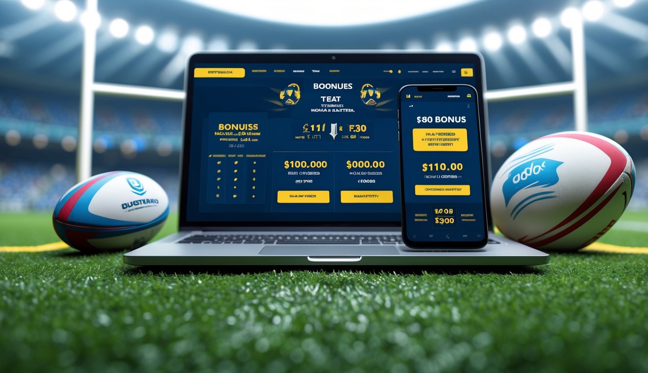 Seorang pria menggunakan laptop dan ponsel dengan latar belakang bola rugby dan stadion, menggambarkan taruhan rugby online dan bonus populer.